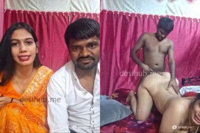 Desi couple live sex show, blowjob and fucking in a yellow saree on red sheets