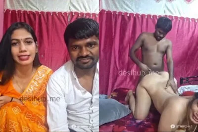Desi couple live sex show, blowjob and fucking in a yellow saree on red sheets