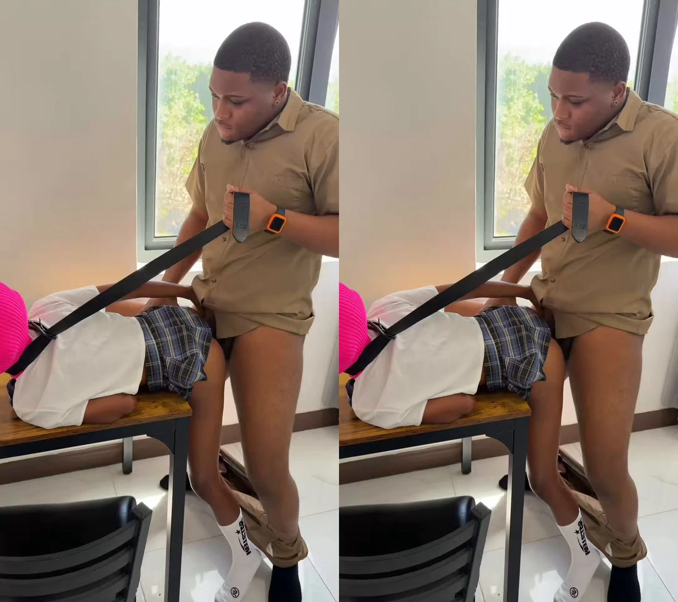 This Jamaican schoolgirl got bent over the desk and fucked hard while wearing her uniform and pink balaclava