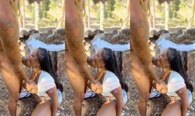 Hiking with a thick ebony babe always ends like this as She was sucking dick deep in the woods, then got bent over a tree stump and fucked hard from the back