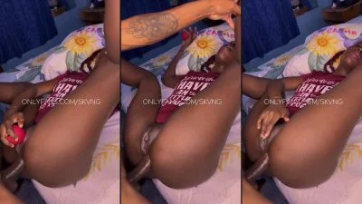 Ebony Gets Fucked With a Vibrator on Her Clit and One Leg in the Air