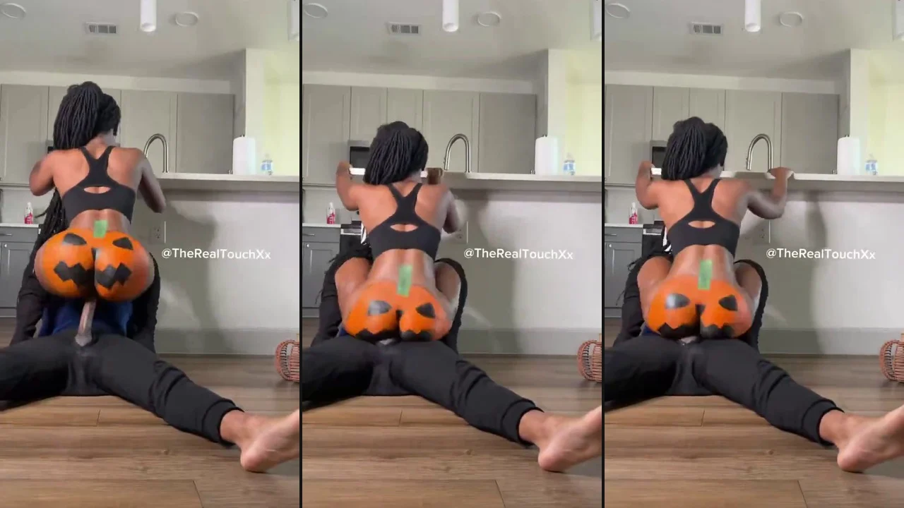 Ebony Reverse Cowgirl on the Kitchen Floor With a Pumpkin Painted Ass